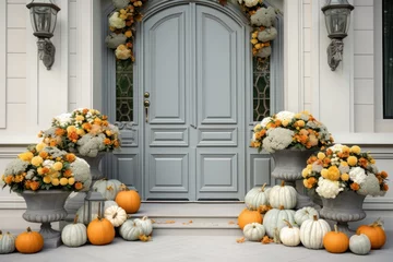 Fototapete Front door with fall decor, pumpkins and autumnthemed decorations © ArtCookStudio