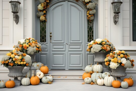 Front path, steps and open front door with fall leaves and jack-o-lantern  Stock Photo