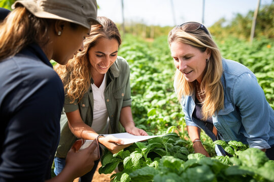 The professional image of a woman agronomist collaborating with fellow experts, a united effort to advance sustainable agricultural practices 