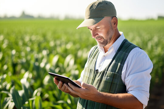 The professional image of a man agronomist analyzing data on a tablet, his technical expertise shaping informed decisions for the farm 