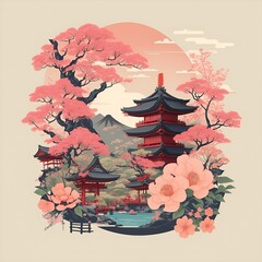 The image features a pink and red oriental landscape with a pagoda surrounded by blooming cherry blossom trees and a large pink flower in the foreground.