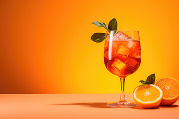 Glass of aperol spritz with ice, oranges and mint leaves on a clean orange background and large space for text