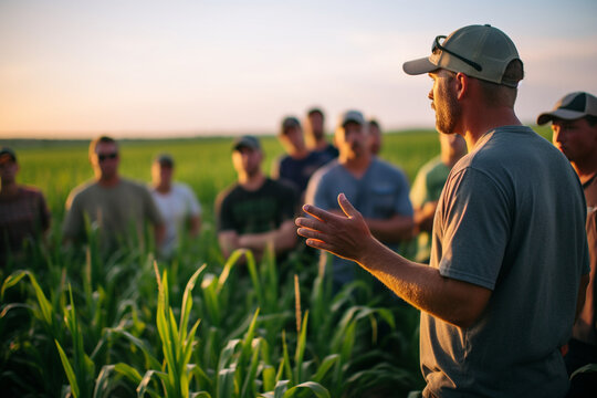 An inspiring portrayal of a man agronomist leading a workshop on sustainable farming practices, sharing wisdom with fellow agriculturists 