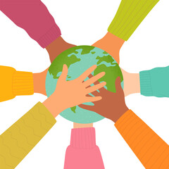 Vector illustration of hands touching the planet earth. Earth Day. The concept of tolerance, support, unity.