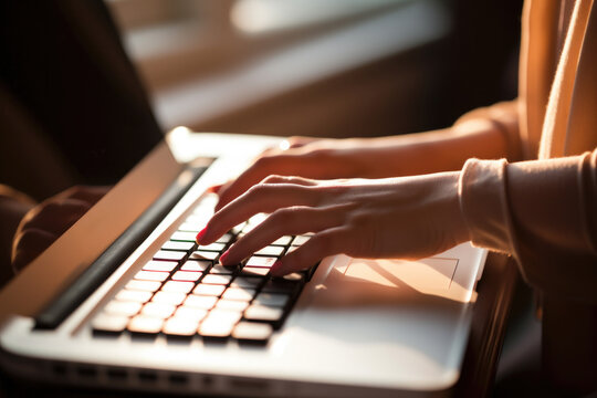 Female hands on laptop keyboard, Visual concept for contact page