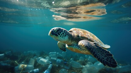 Obraz premium A turtle swimming amidst the garbage floating under in the ocean , pollution in the marine, effects on marine life, environment day concept.