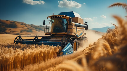 Combine harvester working on wheat field.