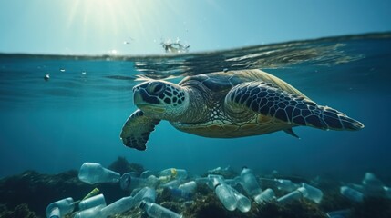Fototapeta na wymiar A turtle swimming amidst the garbage floating under in the ocean , pollution in the marine, effects on marine life, environment day concept.