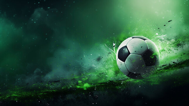 Fototapeta soccer ball on a glowing green background , room for copy