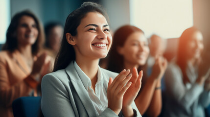 business woman smiling and clapping for the success of their goals and achievements, diverse and inclusive workspaces - obrazy, fototapety, plakaty