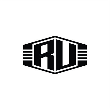 recommend clip art: RU Letter Logo monogram hexagon emblem shape with stripes outline style design