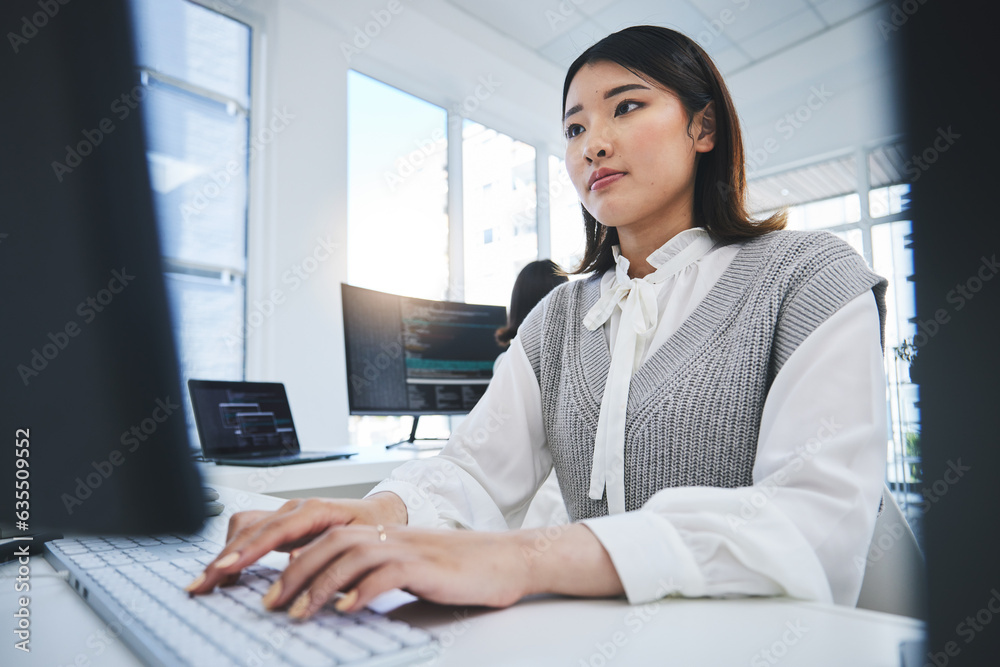 Aufkleber Asian woman, computer and coding in software development or web design at the office. Female person or employee typing on desktop PC in programming, innovation or problem solving at the workplace
