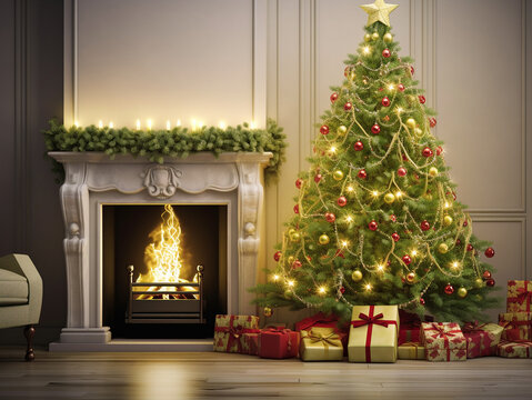 Beautiful green Christmas tree with new Year decorative balls, in the interior of a room with a fireplace