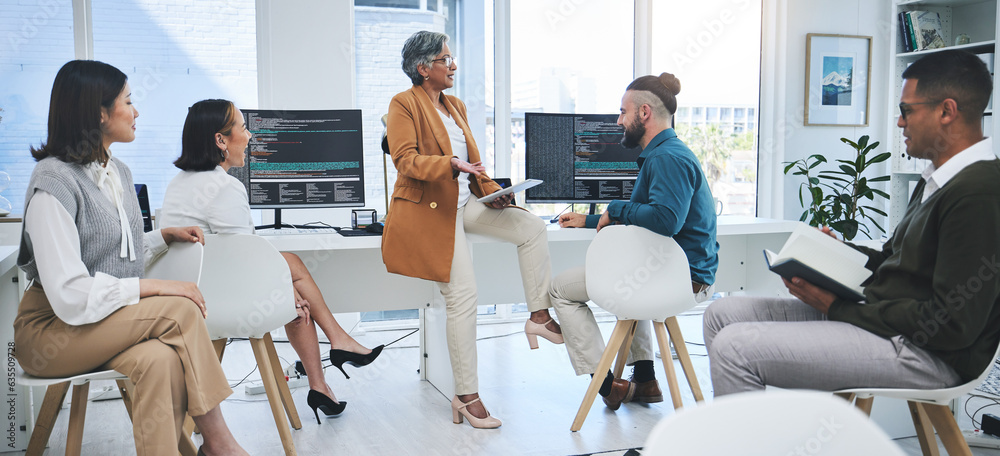 Leinwandbilder Employees, coaching and manager with feedback, programming and code with trading, coaching and planning. Advice, supervisor and workers with pc, mentor and review with help, programmer and training