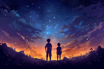 Boy and girl looking at night starry sky with glitter glow flicker above, sky with clouds, concept of dreams, discoveries and romance, generated ai - obrazy, fototapety, plakaty
