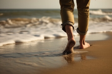 Vacationer walks along the seashore a close up view, calm waves, generated ai