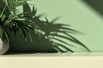 Modern minimal empty matte green counter table top, bamboo palm tree in sunlight, leaf shadow on green wall background. created generative ai.