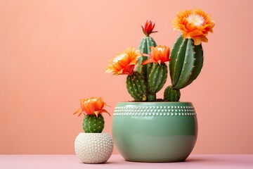 Cactus plant and flowers in a clay pot, minimalism, pastel background with copy space