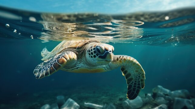 A turtle swimming amidst the garbage floating under in the ocean , pollution in the marine, effects on marine life, environment day concept.