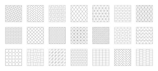 Tiles and paving stones patterns set. Ceramic tile grids for bathroom, kitchen or toilet interior and tile wall. Outline templates of paving stone. Vector illustration.