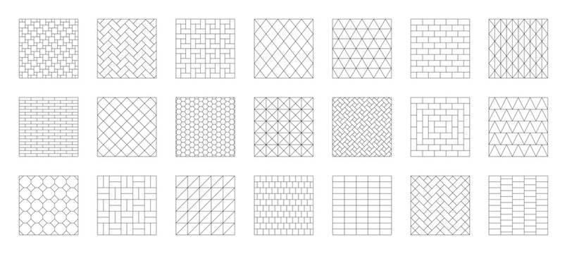 Tiles and paving stones patterns set. Ceramic tile grids for bathroom, kitchen or toilet interior and tile wall. Outline templates of paving stone. Vector illustration.