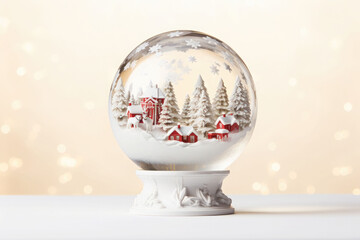 Fototapeta na wymiar Snow globe with trees and houses sparkling in white christmas background. AI generated