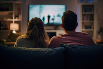 couple vue de dos en train de regarder une programme à la télévision dans leur salon sur grand écran - obrazy, fototapety, plakaty