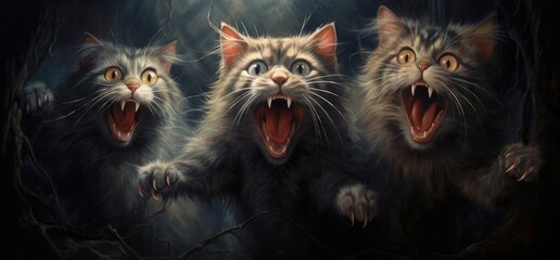 CATS ATTACK! Terryfying scary evil cats, Horror wallpaper, Halloween, Poster. Enraged cats with pointed teeth. Close-up on the group emerging from the dark. Focus is on their wide open mouths and paws - obrazy, fototapety, plakaty