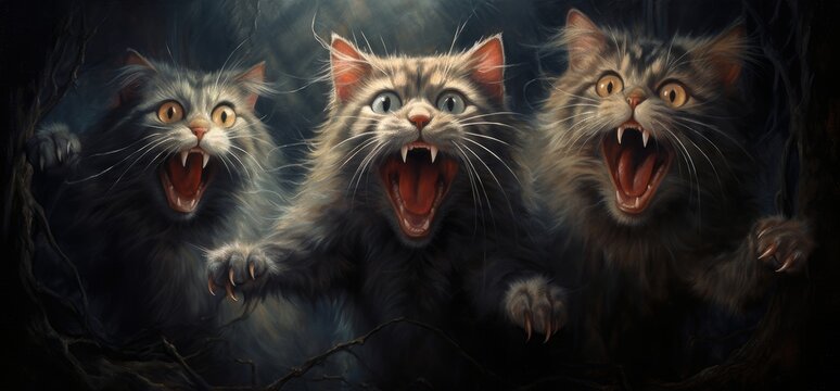 CATS ATTACK! Terryfying scary evil cats, Horror wallpaper, Halloween, Poster. Enraged cats with pointed teeth. Close-up on the group emerging from the dark. Focus is on their wide open mouths and paws