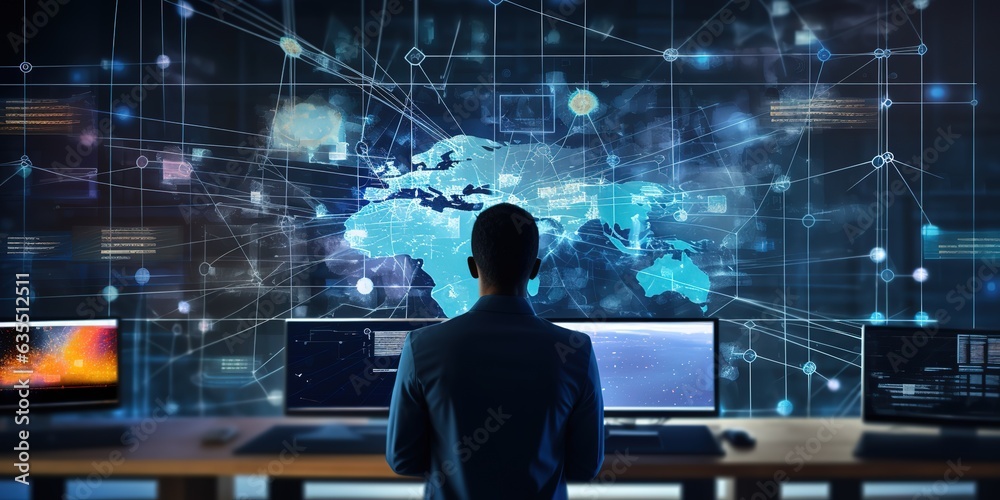 Aufkleber A data scientist who queries, analyzes and visualizes complex information on a virtual screen.