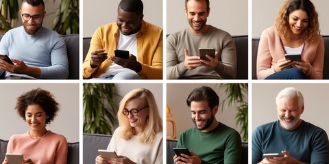 Smiling multiethnic people using smartphones while relaxing in armchair at home.