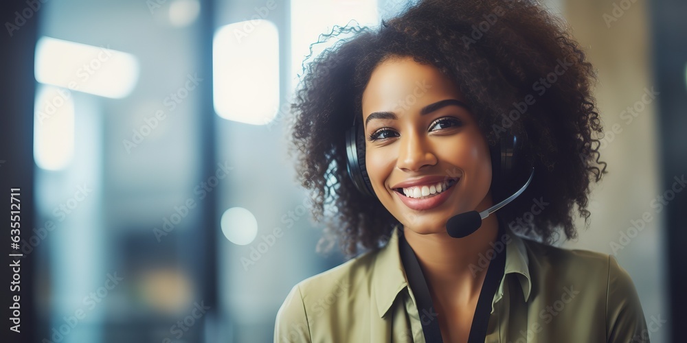 Poster smiling african american customer service representative working with a headset in the office.