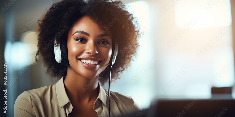 Poster smiling african american customer service representative working with a headset in the office.