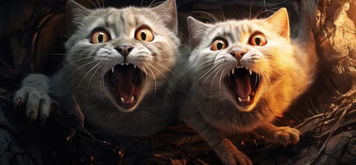 Fotobehang 3D scary gray evil cats, Horror background, Halloween, Lair, Wallpaper. POSSESSED CATS! 2 cats leaping out of their bewitched lair. Clawed paws, yellow, red eyes, wide open mouths. You'd better run! © Paolo