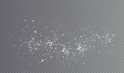 White png dust light. Christmas background of shining dust Christmas glowing light bokeh confetti and spark overlay texture for your design