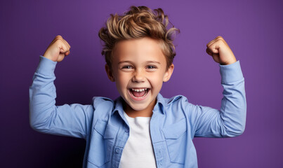 A Happy and Smiling Winner: A kid, isolated over a purple background, smiles and raises his arms in victory after winning a competition.