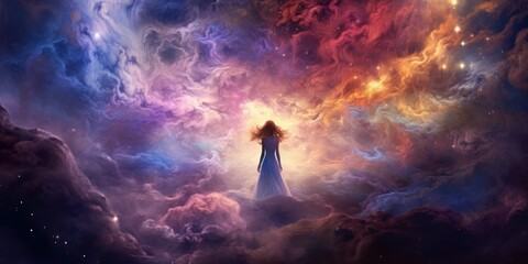 Fototapeta na wymiar Breathtaking starry space panorama, Stars, Universe, Lady, Woman, Galaxy, Wallpaper. THE LADY OF THE UNIVERSES. Fantasy starry, nebulous space with woman in the image center. Goddess of all Empires