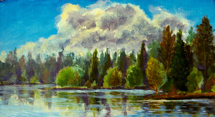 Panoramic Oil Painting, Handmade, Forest on River Bank and Large Cloud