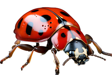 Fototapeta premium A ladybug crawling, showcasing its red and black spotted exoskeleton, against a transparent background, A ladybug isolated on white background
