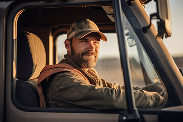 An engaging scene capturing a truck driver's confident gaze in the side mirror, the open road stretching out behind him  - obrazy, fototapety, plakaty