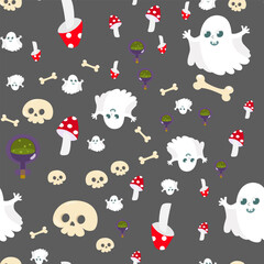 Naklejka premium Seamless pattern cute skull, ghost and bottles with poison or potion. Halloween background in cartoon style. Pattern for packaging, textiles, wallpapers.