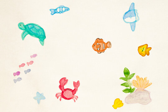 Sea creatures (watercolor paint, sunfish, sea turtle, clownfish, crab, fish, shellfish,Seaweed, starfish)