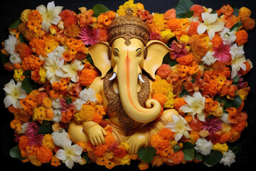 Cultural reflections: Yellow Ganesha and Dewali surrounded by flower garlands. Buddhist art during the Chaturthi festival.