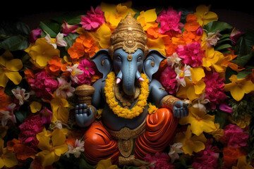 Dewali's harmony with Grey Ganesha's blessing surrounded by flower garlands