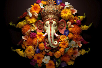 Dewali's radiant spirit and Ganesha surrounded by flower garlands in a black background.