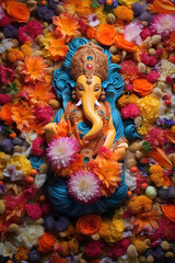 Harmonious festivity: Ganesha and Dewali surrounded by flower garlands in a vertical shot.