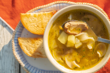 Mushroom soup with porcini mushrooms in a white round plate. Top view
