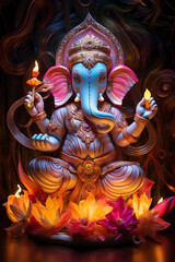 Fototapeta premium Harmonious festivity: Blue Ganesha and Dewali with oil candles in the shape of a lotus flower.