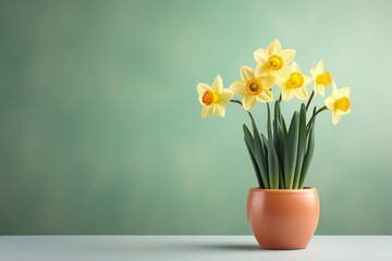 daffodil flowers in a clay pot, minimalism, pastel background, reality, stock photography