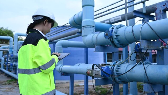 Environmental engineers work at wastewater treatment plants,Water supply engineering working at Water recycling plant for reuse,Check the amount of chlorine in the water to be within the criteria.
